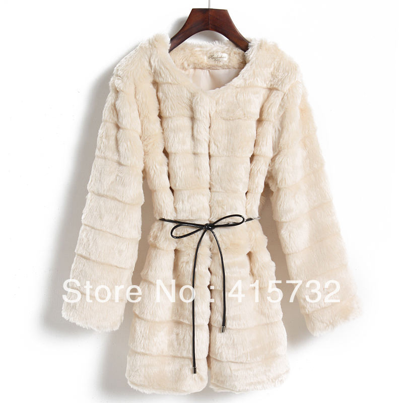 Free shipping 2012 O-Neck Winter Warm Long Fashion Women's Overcoat Faux Fur Jacket Luxurious Outerwear With Belt For Ladies