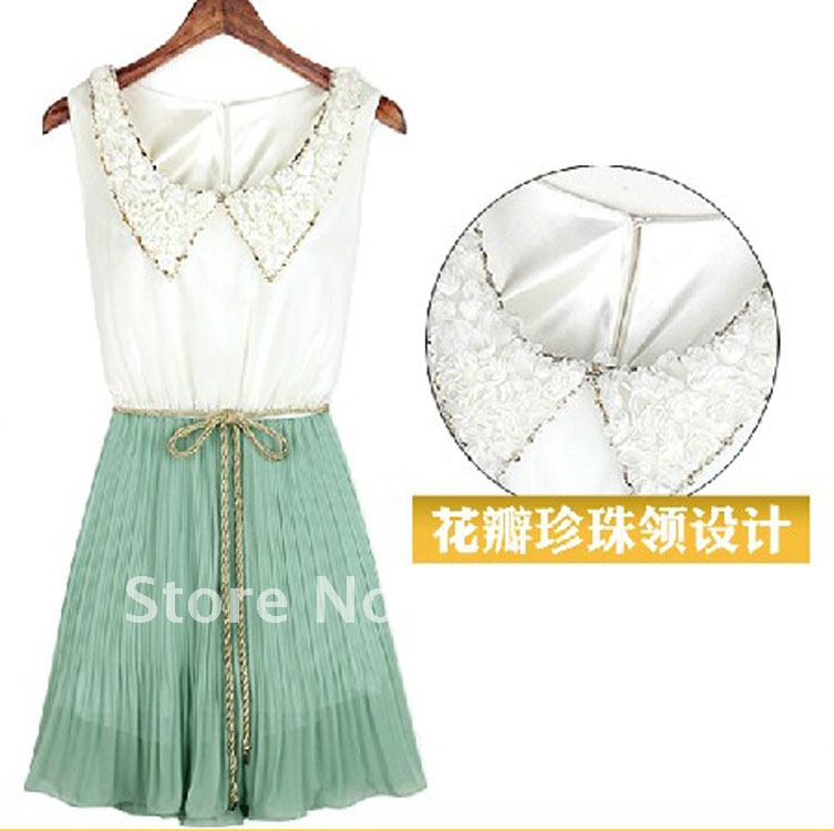 Free shipping 2012 one-piece dress fashion sleeveless petal collar chiffon summer pleated full dress