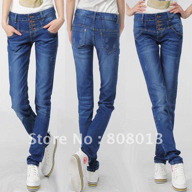 free shipping 2012 pants high waist single breasted zipper slim skinny pants women's denim trousers