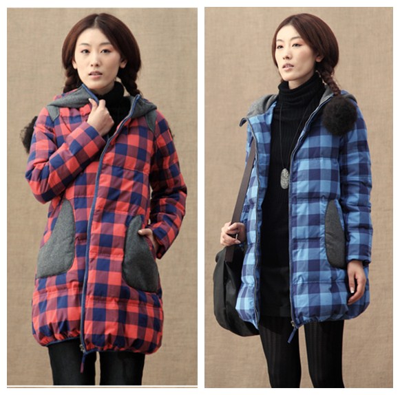 free shipping 2012 plaid medium-long with a hood down coat preppy style casual Women down coat