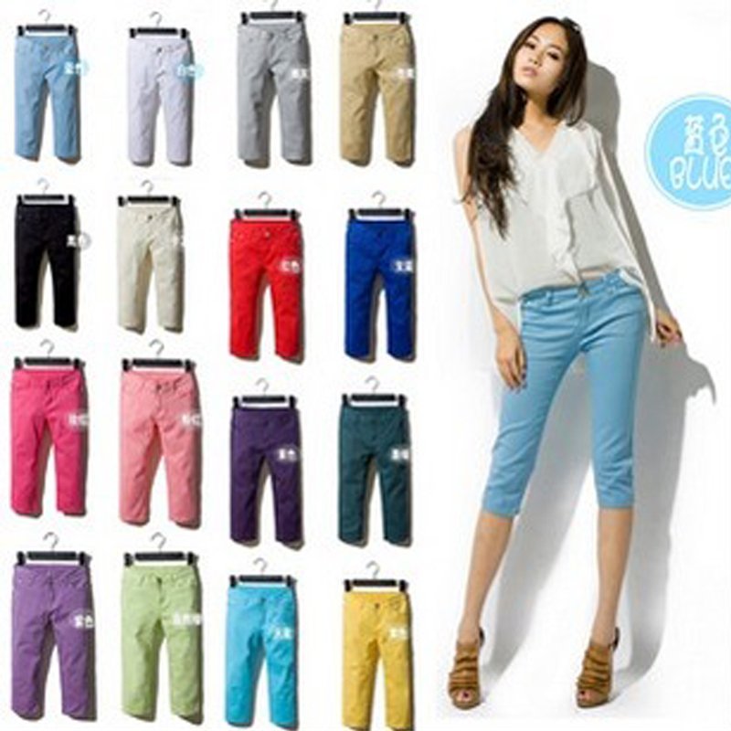 Free shipping 2012 plus size 100% cotton candy color multicolour elastic slim capris trousers female