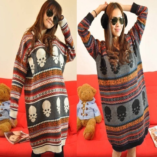 free shipping 2012 Plus size  autumn and winter skull thickening long design long-sleeve knitted sweater for women