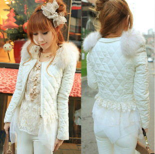 Free shipping 2012 princess pearl fur collar lace gauze patchwork dimond plaid wadded jacket cotton-padded jacket