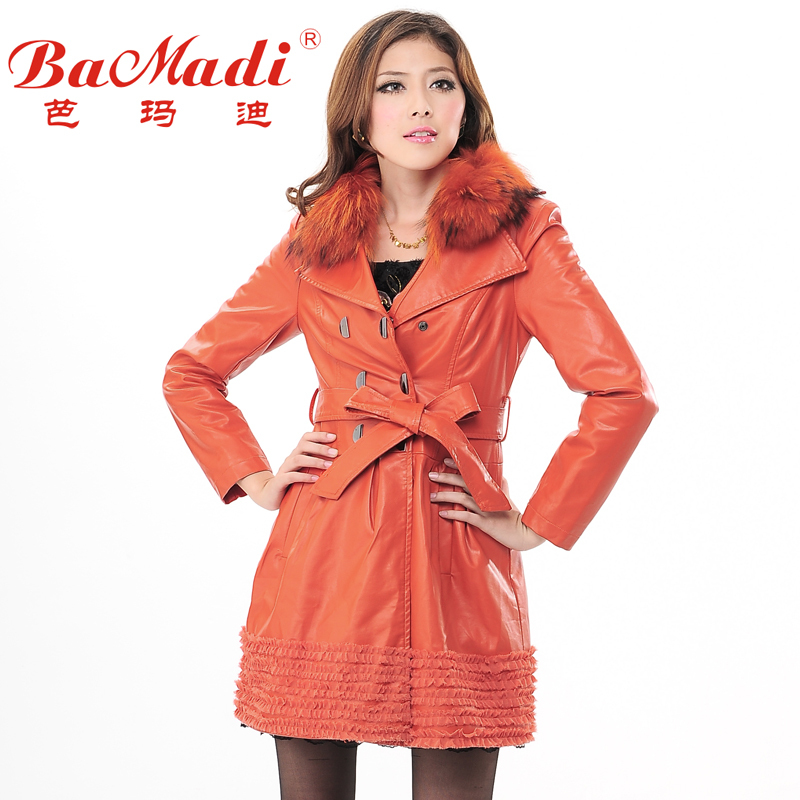 free shipping 2012 PU clothing long design outerwear slim plus cotton raccoon fur female leather wadded jacket 2036