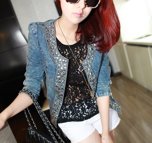 Free shipping 2012 pure autumn women's elastic denim outerwear female o-neck long-sleeve denim short jacket