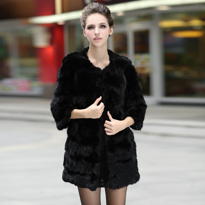 Free shipping 2012 rabbit fur coat medium-long o-neck three quarter sleeve slim sy6547