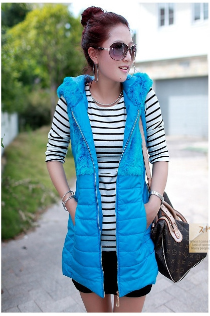 Free shipping 2012 rabbit fur patchwork leather medium-long vest fashion slim down cotton vest cotton-padded jacket female