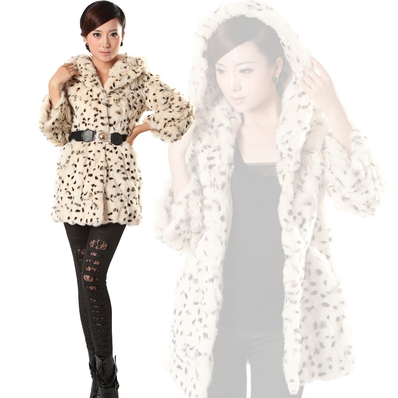 free shipping 2012 rex rabbit hair fur overcoat leopard print slim female medium-long outerwear hooded fur coat