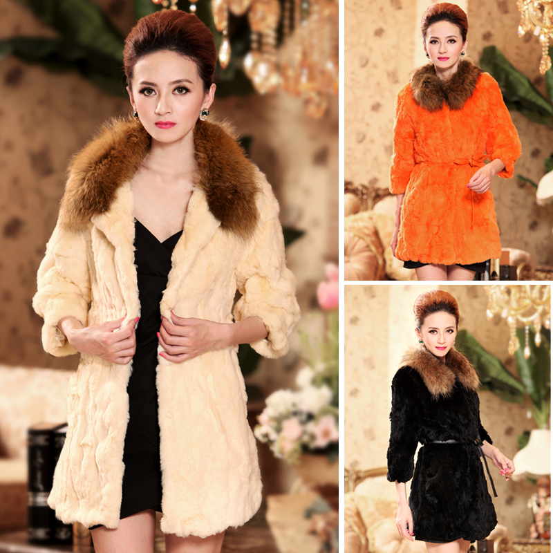 Free shipping 2012 rex rabbit hair raccoon medium-long rabbit fur coat overcoat female