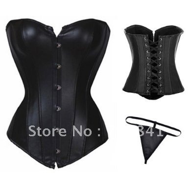 Free shipping 2012 sexy lingerie wholesale leather corset bustier with matching G-string 1228 black color 100% br