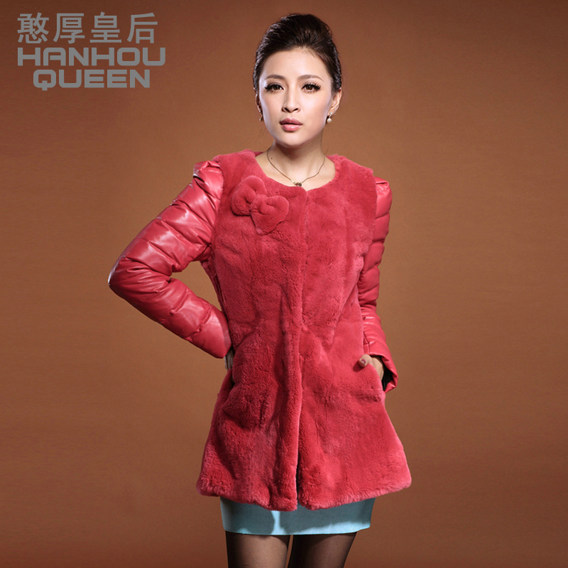 free shipping  2012 sheepskin medium-long slim rex rabbit hair leather down coat female genuine leather clothing