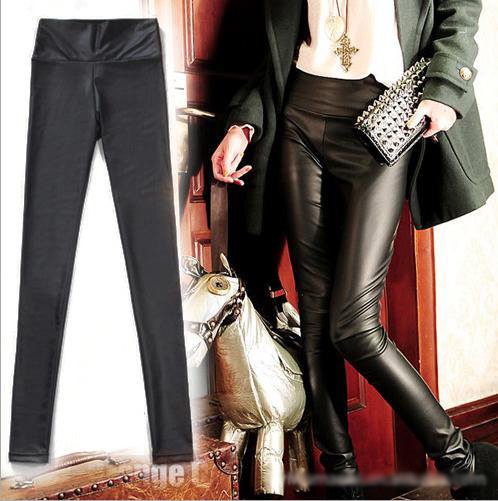 Free shipping! 2012 Shiny Metallic High Waist Black Stretchy Leather Leggings/tights/leather Hot sales