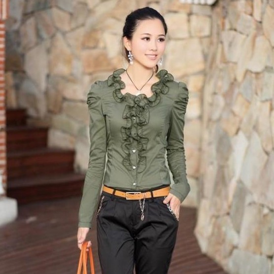 Free Shipping 2012 Shirts New Style Women's Blouse Flouncing Long Sleeve Dress Shirts Top 3 Colours