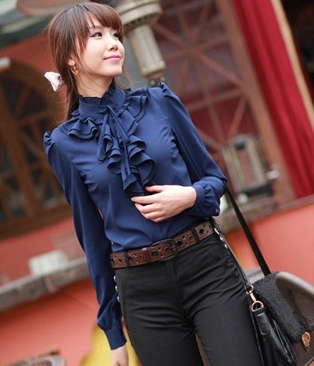 Free Shipping 2012 Shirts New Style Women's Stand Collar Bowknot Long Sleeve Plus size Dress Shirts Top S M L XL XXL