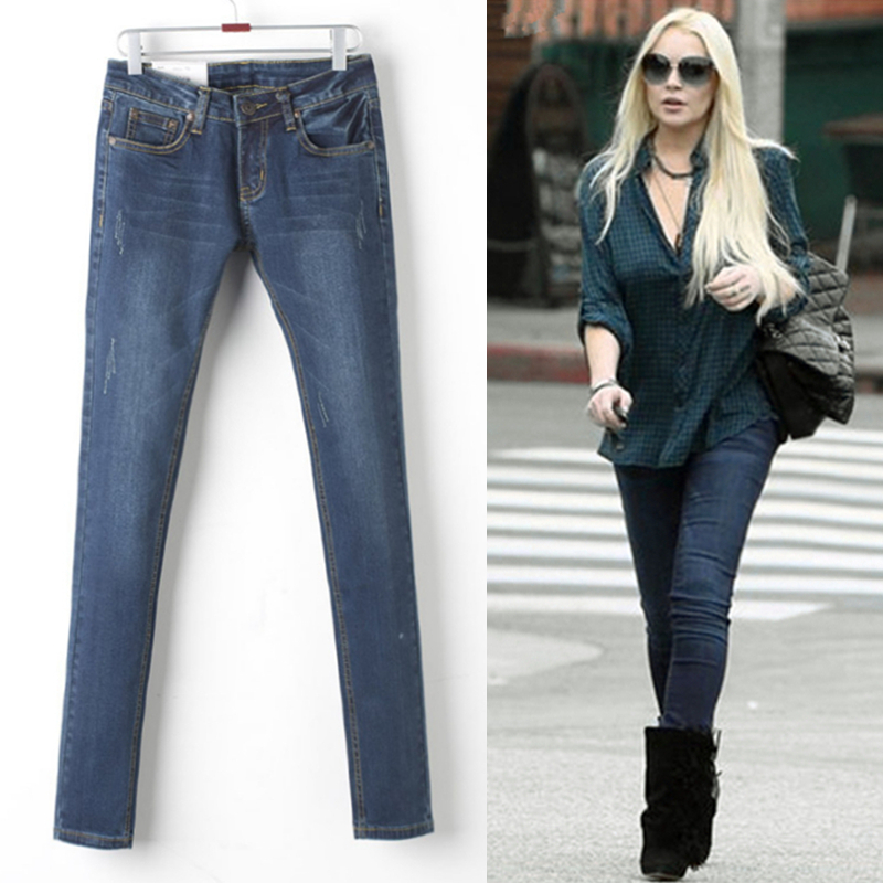 Free shipping, 2012 slim jeans female skinny pants Dark Blue mid waist denim trousers