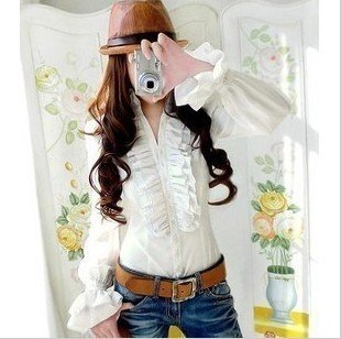 Free shipping-2012 slim waist double layer ruffle stand collar long-sleeve blouses Formal shirts 4color S~XXL women's clothing