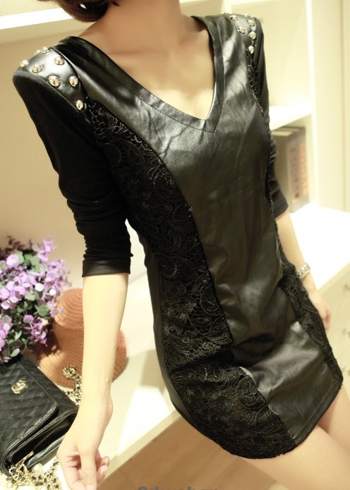 Free shipping 2012 Small fashion autumn and winter slim punk lace patchwork rivet long-sleeve leather one-piece dress