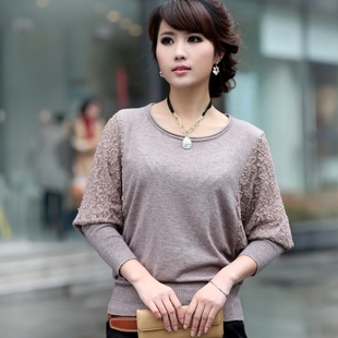 Free  shipping, 2012 spring and autumn cutout lace o-neck batwing shirt sweater loose women's basic sweater