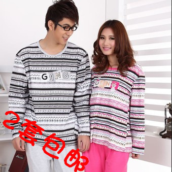 free shipping 2012 spring and autumn lovers design 100% cotton long-sleeve letter stripe sports type sleep set lounge