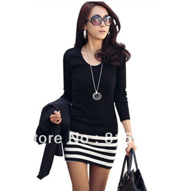 Free shipping 2012 spring and autumn new women's fashion cultivate one's morality stripe splicing cotton long sleeve dress. *