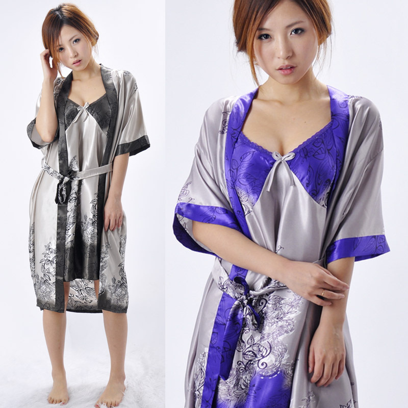 free shipping 2012 spring and autumn print silk twinset spaghetti strap sleepwear women's robe bathrobes