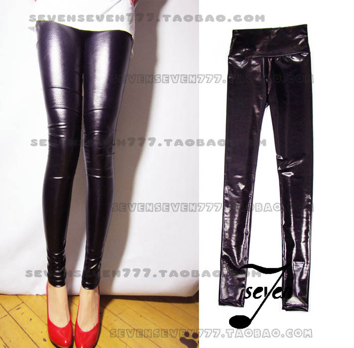 Free shipping 2012 spring and autumn single purple high waist glossy faux leather elastic tight legging