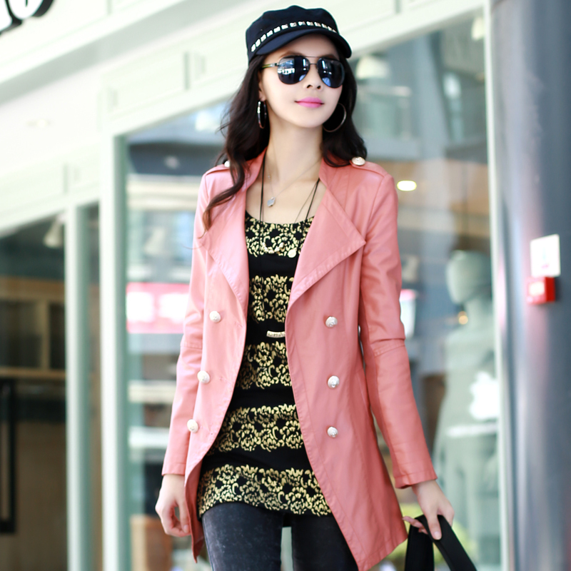 Free shipping 2012 spring and autumn slim double breasted medium-long water wash PU leather trench women's