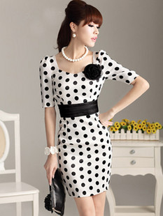 Free Shipping 2012 spring and summer big polka dot ol work bag slim elegant one-piece dress corsage