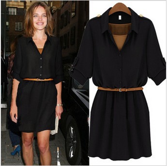 Free shipping 2012 spring/autumn new fashion women casual dress belt slim long-sleeve chiffon dress S-XL army green/black  J29