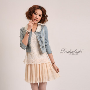 Free Shipping! 2012 spring denim outerwear new arrival women's denim outerwear vintage pearl all-match denim short jacket