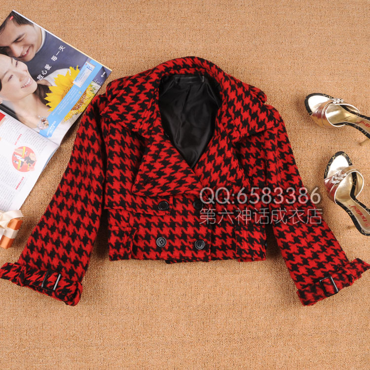 Free shipping, 2012 spring fashion red houndstooth wool short overcoat outerwear