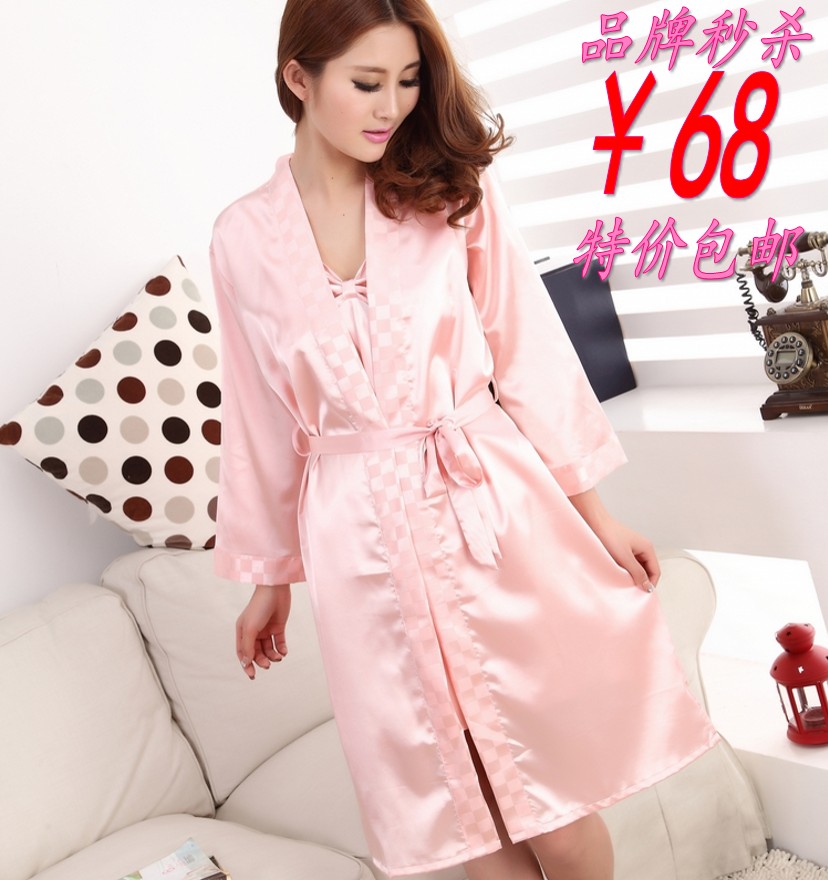 free shipping 2012 spring plaid faux silk spaghetti strap nightgown robe sexy twinset sleepwear female