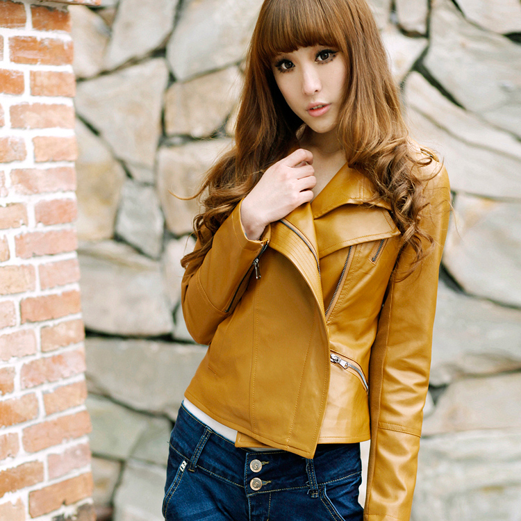 Free Shipping 2012 spring slim long-sleeve double turn-down collar short design female motorcycle clothing leather small jacket