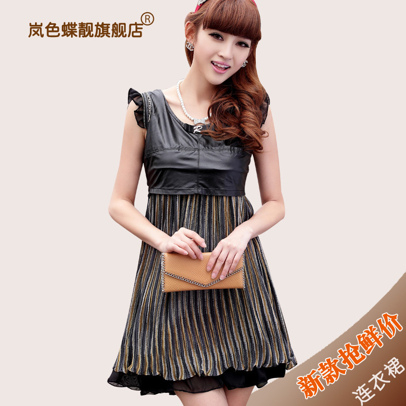 Free shipping! 2012 spring women's brief fashion sleeveless leather tencel patchwork stripe one-piece dress