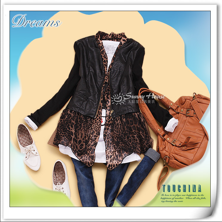 free shipping 2012 spring women's leopard print ol outerwear PU clothing faux two piece bb4-3