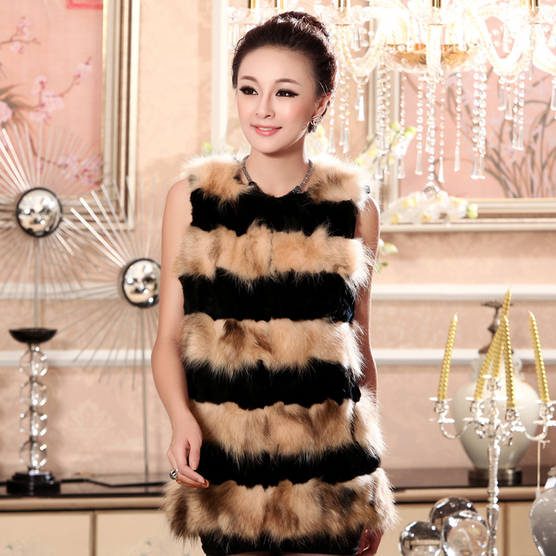 Free shipping 2012 spring women's rex rabbit trophonema raccoon fur medium-long slim vest