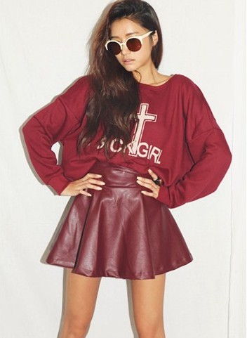 Free Shipping! 2012 sty nda autumn a leather skirt high waist all-match leather skirt claretred -hb