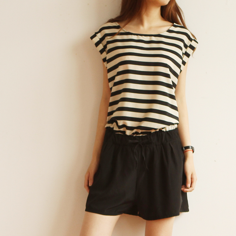 Free shipping! 2012 summer all-match stripe zipper slim waist casual one piece shorts female