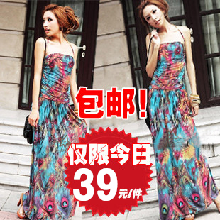 Free shipping 2012 summer blue phoeni spaghetti strap bohemia ultra long skirt one-piece dress beach dress