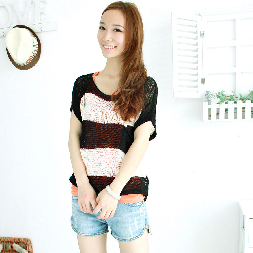 Free Shipping 2012 summer cutout loose color block stripe cool needle embroidery shirt