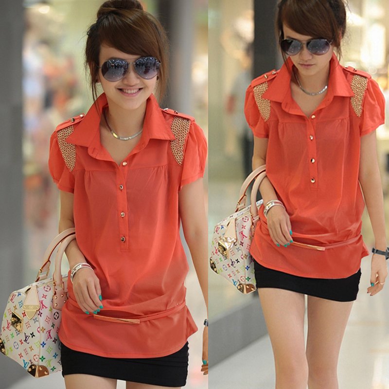 Free shipping 2012 summer female epaulette medium-long slim belt candy short-sleeve chiffon shirt 063