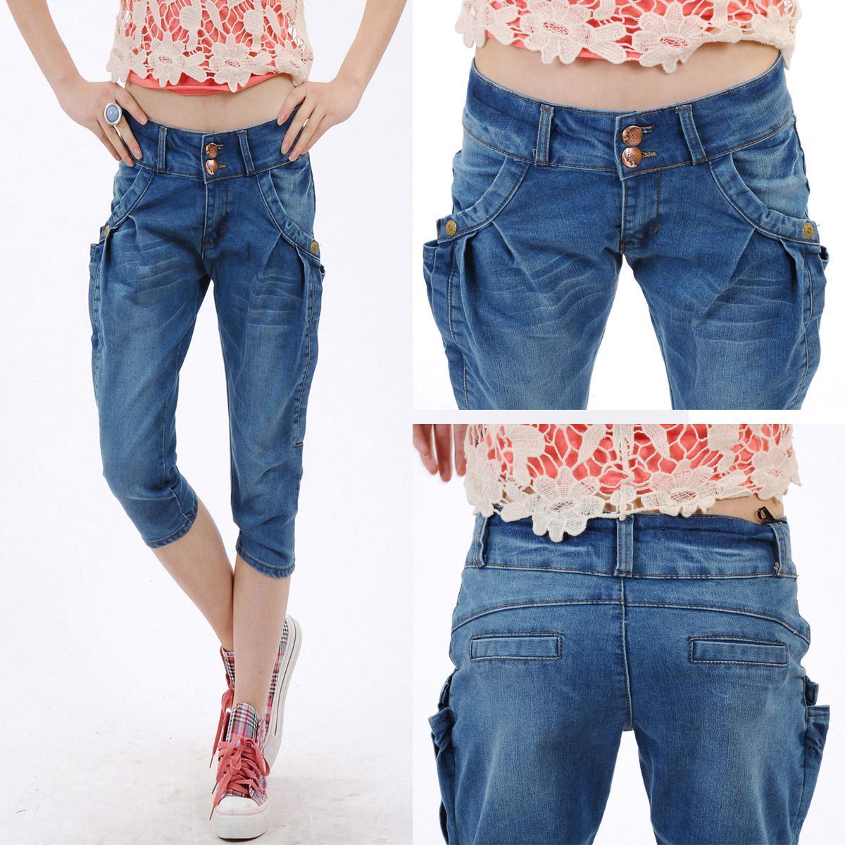 Free Shipping  2012 summer new arrival casual loose light blue mid waist denim shank length trousers female skinny jeans V726