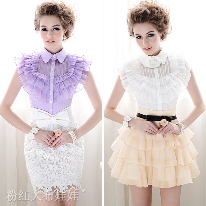 FREE SHIPPING 2012 summer New Arrivals  multi-layer ruffle slim women's shirt