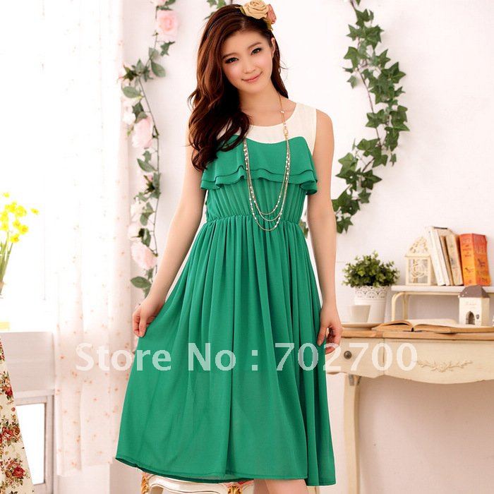 Free Shipping!2012 Summer New Elegant lotus leaf elastic waist hit color silk long Dress CH3417 Plus Size