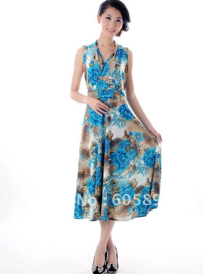 Free shipping-2012 summer new item milk silk fashion dresses ladies' garment sexy V-neck L~XXXL have large size-teal floral