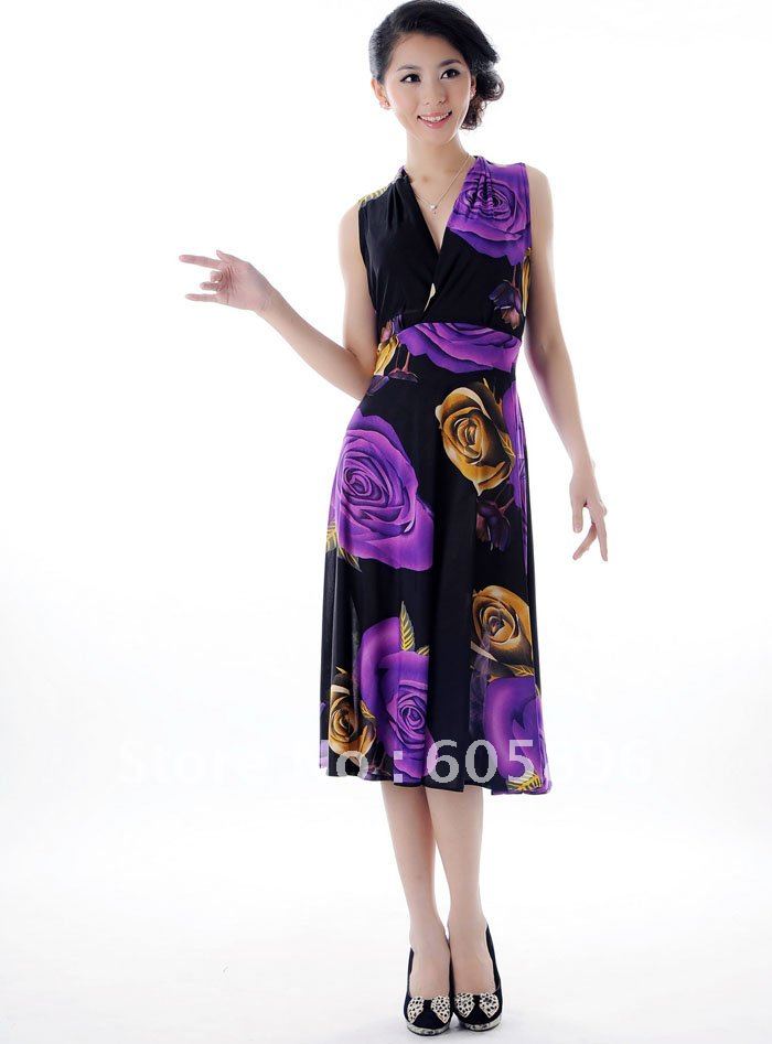 Free shipping-2012 summer new milk silk fashion dresses ladies' dresses sexy V-neck L~XXXL have large size-purple rose