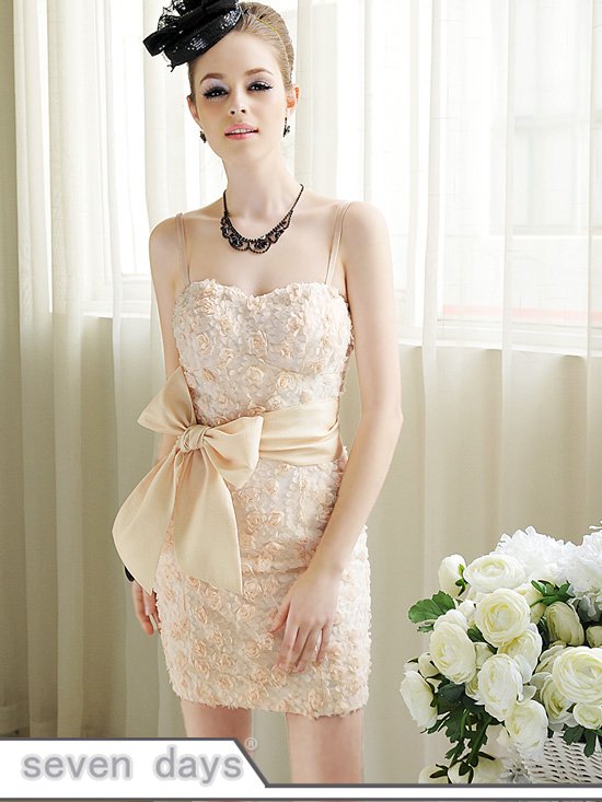 Free Shipping 2012 Summer New Stylish Solid Flower Tight Straps Dress With Bowknot Belt YL050603FE