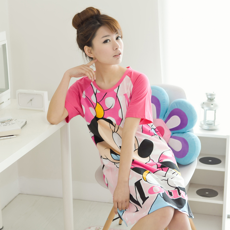 free shipping 2012 summer short-sleeve female 100% cotton nightgown plus size cartoon knitted cotton sleepwear lounge