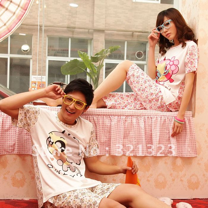 Free shipping 2012 summer short-sleeve male women's 100% cotton lovers sleepwear cartoon lounge set