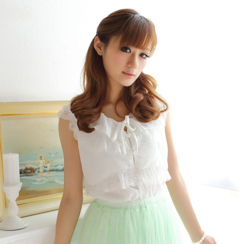 Free shipping 2012 summer sweet princess lace decoration lacing short-sleeve slim top chiffon shirt